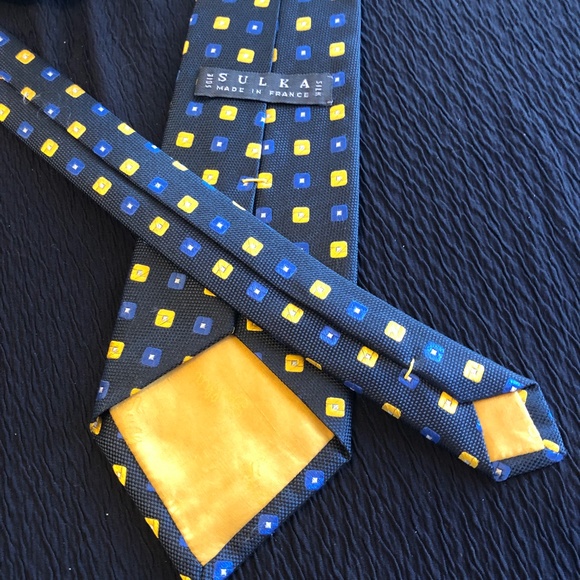 Sulka Vintage Tie 100% Silk - Made in France - Blue and Yellow - Picture 3 of 3